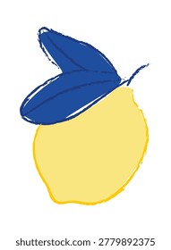 Lemon with bold leaf drawn in rough brush strokes and organic outline. Symbol of freshness, summer, and healthy lifestyle with zest and citrus energy. Cartoon vector illustration.