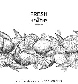 Lemon border vector drawing. Citrus fruit engraved frame template. Seamless pattern. Hand drawn summer illustration. Label, packaging design concept. Great for tea, juice, natural cosmetics, lemonade