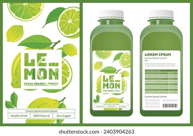 LEMON. bottle. packaging of fresh and juicy fruits with juice bottle. Fresh organic product. Text with vector illustration realistic fruits on abase. Template for your product.