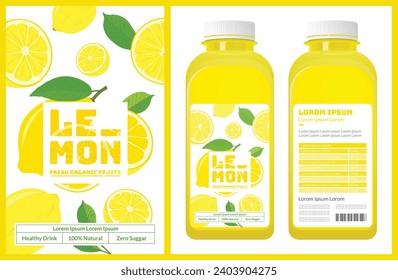 LEMON. botella. envasado de frutas frescas y jugosas con botellas de jugo. Producto orgánico fresco. Texto con ilustración vectorial de frutos realistas en la base de datos. Plantilla para su producto.