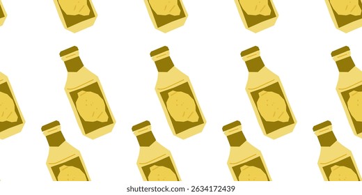 Lemon Bottle Seamless Pattern Design — yellow drink bottle with lemon label arranged in a clean flat cartoon style. Seamless repeat on white background.