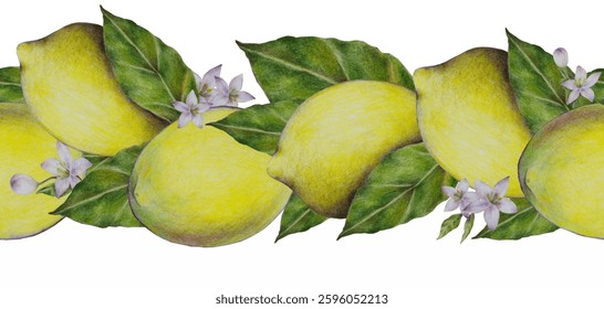 Lemon branch border. Isolated on white Background. Vintage floral composition set for greeting card, wedding invitation. Horizontal pattern seamless illustration.