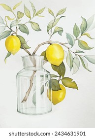 Lemon branch in glass vase watercolor illustration, isolated on white background. For greeting cards, stickers, mugs, t-shirts, posters, prints. Composition with yellow lemon tree, green summer leaves