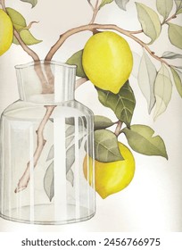 Lemon branch in glass vase watercolor illustration, art isolated on white background. For greeting cards, kitchen posters, dinning room prints. Composition with yellow lemon tree, green summer leaves