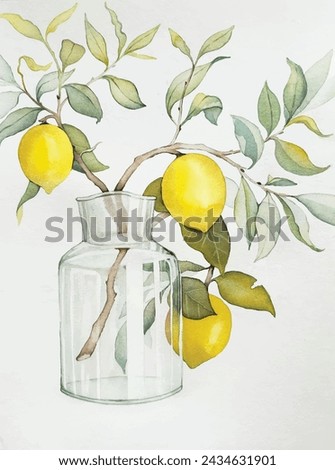 Lemon branch in glass vase watercolor illustration, isolated on white background. For greeting cards, stickers, mugs, t-shirts, posters, prints. Composition with yellow lemon tree, green summer leaves