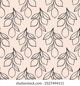 Lemon Branch Hand Drawn Sketch Seamless Pattern Background. Lemons Drawings Wallpaper Ornament Digital Paper. Elegant Vector illustration Print