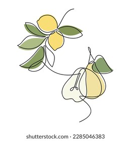 Lemon branch with leaves and cut yellow pear vector. One line continuous hand drawn illustration. Linear silhouette, fruit icon. Minimal design, print, banner, card, poster, brochure, logo, menu.