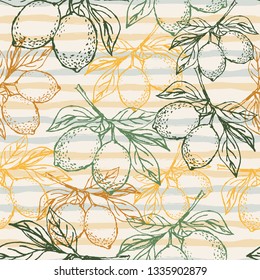 Lemon branch with leaves and fruits.Seamless pattern. Vector nature design Lemon, tree, branch, leaves, yellow tropical fruit .  Sketch illustration Bio fresh product. Eps10 