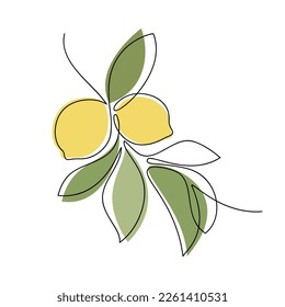Lemon branch with leaves vector. One line continuous hand drawn illustration. Linear silhouette, citrus fruit icon. Minimal design, print, banner, card, wall art poster, brochure, logo, menu.