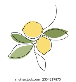 Lemon branch with leaves vector. One line continuous hand drawn illustration. Linear silhouette, citrus fruit icon. Minimal design, print, banner, card, wall art poster, brochure, logo, menu.