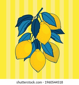 A lemon branch on a bright yellow background. Vector illustration, outline.