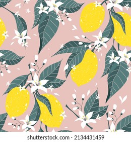 Lemon branch seamless pattern. Citrus fruit background.