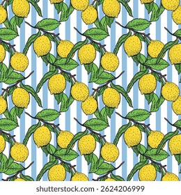 Lemon branch seamless pattern. Yellow fruits, green leaves, blue stripes. Hand drawn vector illustration. Food and cosmetic labels, jam, lemonade, wrapping paper, textile, fabric, covers, wallpaper.