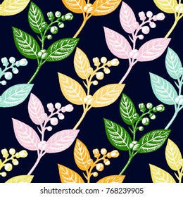 Lemon branches with leaves and buds seamless pattern. Vector illustration. All over print.