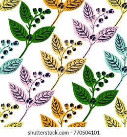 Lemon branches with leaves and buds seamless pattern. Vector illustration. All over print.