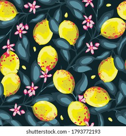 Lemon Branches on Black Background Vector Seamless Pattern