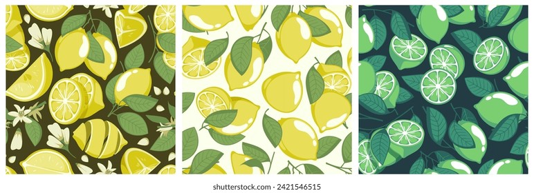 Lemon branches pattern. Seamless print with floral botanical elements of summer citrus fruit, decorative background for wrapping paper. Vector texture. Fresh pieces of lime, bright fabric