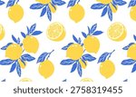 Lemon Branches Seamless Pattern with Citrus Fruits and Leaves in Blue and Yellow Colors. Hand drawn Flat Style Vector Illustrations. White Background