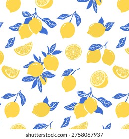 Lemon Branches Seamless Pattern with Citrus Fruits and Leaves in Blue and Yellow Colors. Hand drawn Flat Style Vector Illustrations. White Background