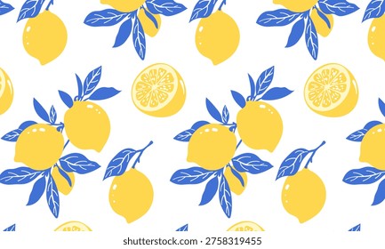 Lemon Branches Seamless Pattern with Citrus Fruits and Leaves in Blue and Yellow Colors. Hand drawn Flat Style Vector Illustrations. White Background