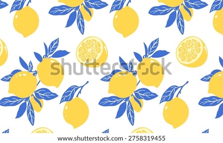 Lemon Branches Seamless Pattern with Citrus Fruits and Leaves in Blue and Yellow Colors. Hand drawn Flat Style Vector Illustrations. White Background