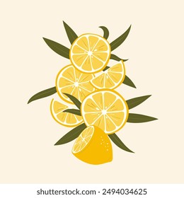 Zitrone. Helle Zitruszusammensetzung. Zitronenscheiben mit Blättern, halben Scheiben und geschnittener Zitrone. Bio-Früchte für Limonade, Saft und Essen. Vitamin C. Vektorillustration auf hellem Hintergrund.