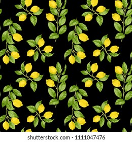 Lemon brunches seamless pattern in watercolor style isolated on black background. Summer repeat wallpaper in mediterranean style, fashion textile print, posters backdrop.