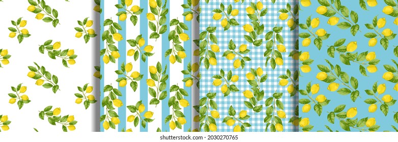 Lemon brunches seamless patterns set. Summer repeat wallpapers in mediterranean style, fashion textile print, posters backdrop.