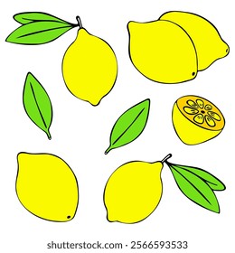 Lemon Bundle. A set of colorful doodle hand-drawn lemons, in a variety of shapes. Isolated on a white background. Suitable for web, digital, print, kitchen design, menus, stickers, banners, posters