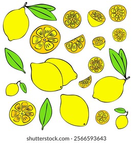 Lemon Bundle. A set of colorful doodle hand-drawn lemons, whole, half, slice, leaves. Isolated on a white background. For web, digital, print, kitchen design, menus, stickers, banners, posters