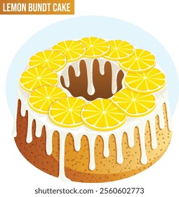 Lemon Bundt Cake with Icing Glaze and Sliced Lemon on Top. Celebratory Dessert Vector Art 