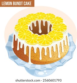 Lemon Bundt Cake on a Glass Footed Tray. Decorated with Lemon Glaze and Sliced Lemon. Confectionery Dessert Isolated Graphic 