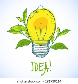 Lemon in a burning bulb with green leaves on a white background and the words Idea!