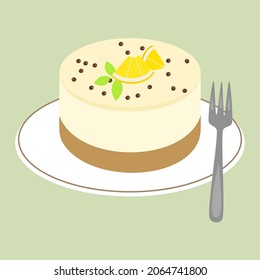 Lemon cake. Colorful decorative mini cake on plate with fork. Vector illustration