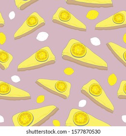 Lemon cake and lemons on a pink background vector seamless pattern