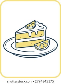 Lemon Cake Slice Illustration. A slice of delicious lemon cake with frosting and lemon slices on a plate