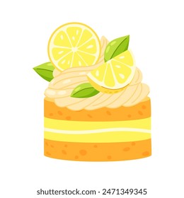 Lemon cake with lemon slices in flat style. Lemon dessert, cake. Bento cake with cream and lemon.