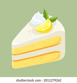 Lemon cake with whipped cream and lemon. Pieces of cake. Flat style, bakery, sweet cake, dessert. Vector illustration