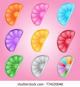 Lemon candy button glossy jelly in different color. 2d asset for user interface GUI in mobile application or casual video game. Vector for web or game design. Decorative GUI elements, Cartoon colorful