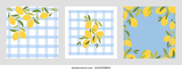 Lemon cards. Cards with branches and lions. Lemon fruit with floral background. Set of lemon elements for wedding invitations, greeting cards, vouchers, brochures and banner designs.