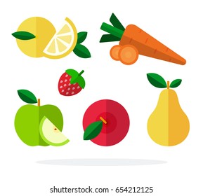 Lemon, carrot, strawberry, green apple, red apple, pear vector flat material design isolated on white