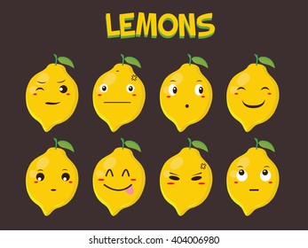 Lemon Cartoon Character with Different Expressions. Isolated Vector