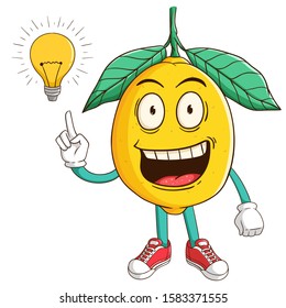 Lemon cartoon character has idea with light bulb and funny smile face