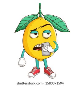 Lemon cartoon character holding a smartphone and calling someone with funny bad expression