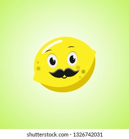 
Lemon cartoon character with a mustache. Cute laughing lemon icon isolated on green background. Vector illustration EPS 10.