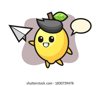 Caricatura de limón tirando avión de papel