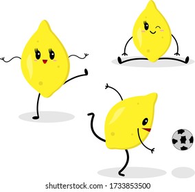 lemon cartoon character tropical fruit playing with a soccer ball and doing warm up concept for sports and healthy lifestyle objects on a white background