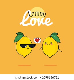 Personajes de caricatura de limón, pareja de frutas cutas, diseño plano de afiche de época con ilustración vectorial, concepto de amor vegan