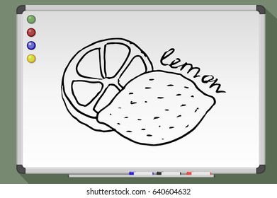Lemon cartoon. Hand drawn vector stock illustration. Black and white whiteboard drawing