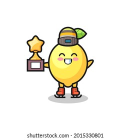 lemon cartoon as an ice skating player hold winner trophy , cute style design for t shirt, sticker, logo element